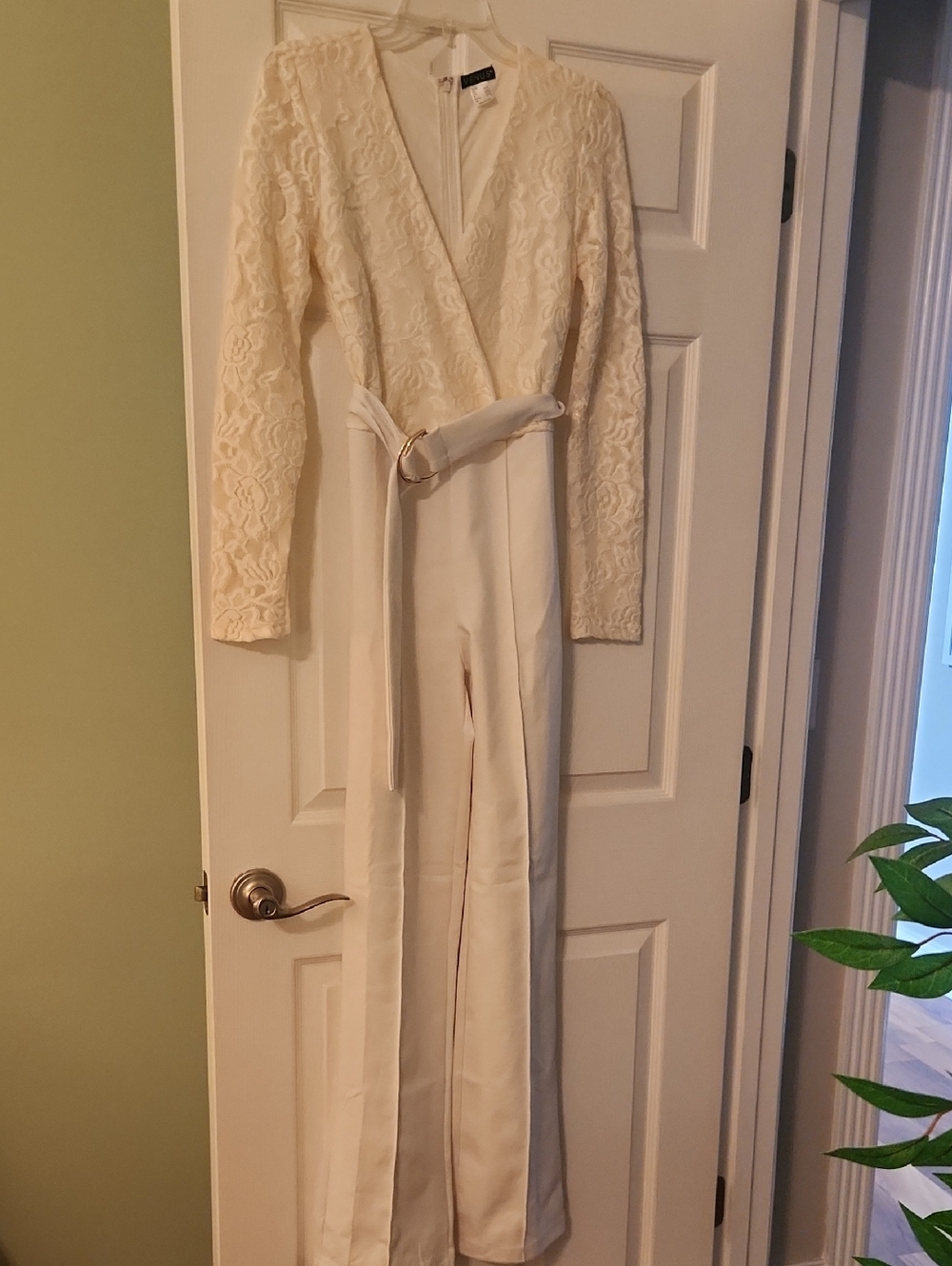 VENUS Ivory Lace-Sleeve Wrap Jumpsuit with Belt